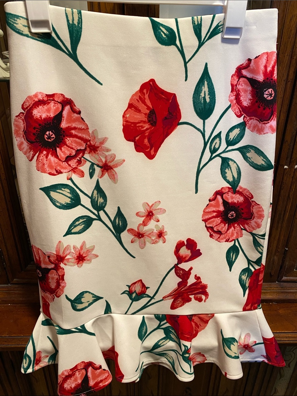 Women’s Cream Midi Skirt with Red Floral Print